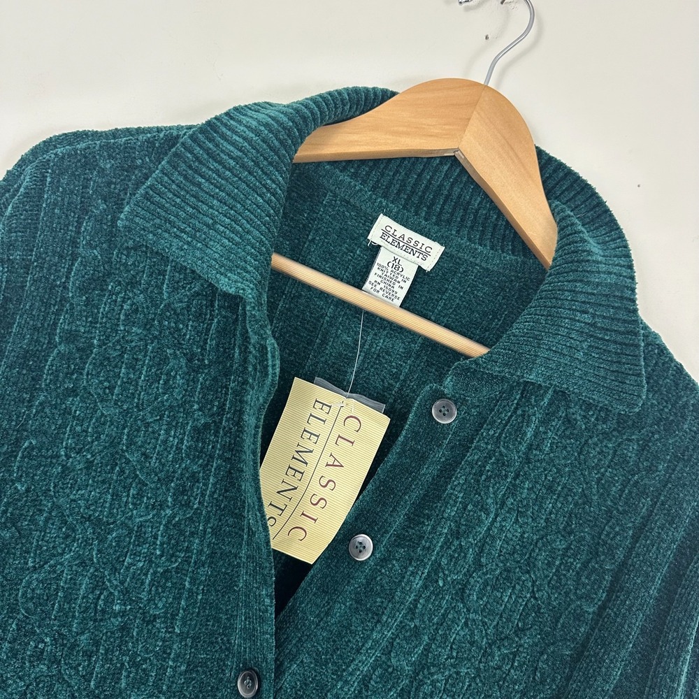 Classic Elements Cardigan Sweater Dark Green Cable Knit True Vintage 90s XL (18)